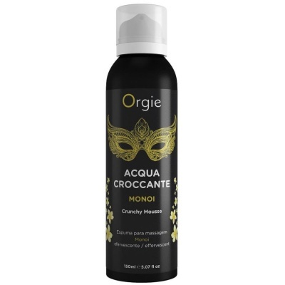 Frasco preto de mousse crocante para massagem Orgie Acqua Croccante Monoi com detalhes dourados e texto branco e amarelo
