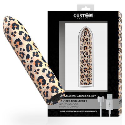 Vibrador bullet recarregável padrão pele de leopardo com embalagem preta e texto promocional