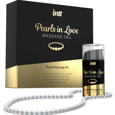 Embalagem preta e dourada do gel de massagem Pearls in Love da intt com frasco e pérolas brancas