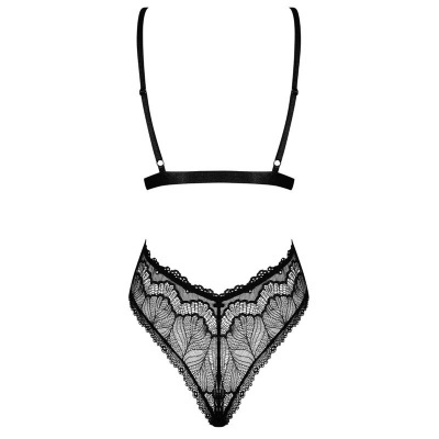 Conjunto de lingerie preto em renda com padrão floral