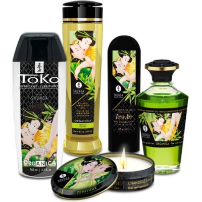 Produtos Shunga Orgânica com embalagens pretas e douradas e ilustrações de mulheres estilo japonês