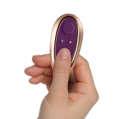 Comando remoto oval dourado com painel roxo na mão