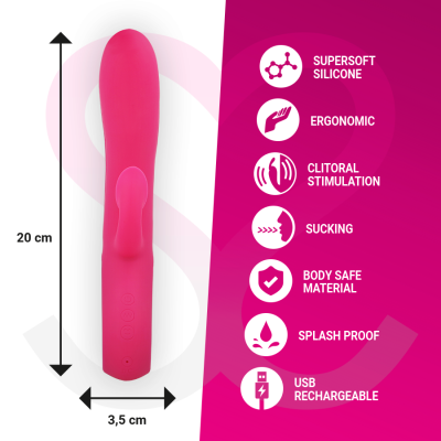 Vibrador rosa com texto sobre características em fundo rosa