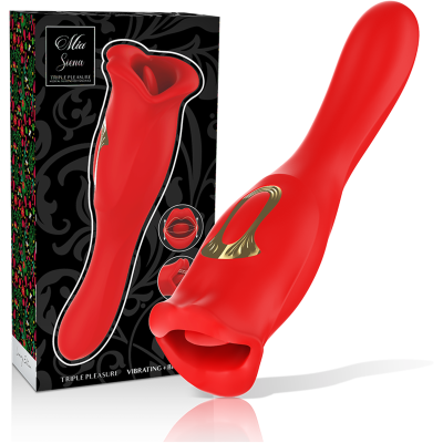 Vibrador vermelho em silicone com detalhes dourados e embalagem preta decorada