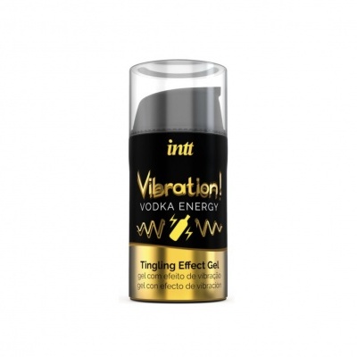 Gel Intt Vibration! Vodka Energy em embalagem preta e dourada com tampa transparente