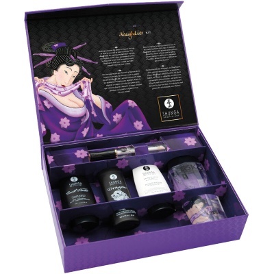 Conjunto de produtos Shunga em caixa roxa com ilustração e frascos variados