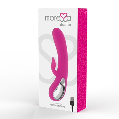 Vibrador rosa de silicone com base metálica e embalagem com texto 'morexa dustin'