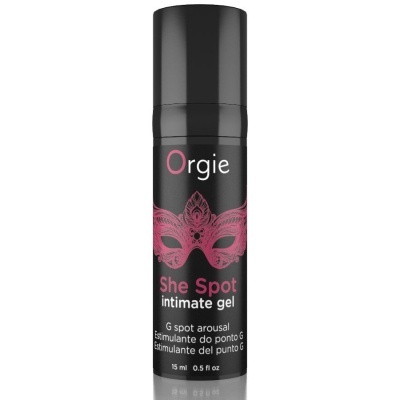 Frasco preto de gel íntimo Orgie She Spot com máscara rosa no rótulo