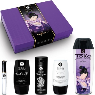 Conjunto de produtos Shunga para cuidados pessoais em embalagem roxa com ilustração japonesa