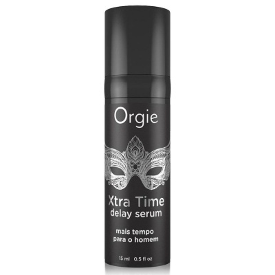 Frasco preto do sérum Orgie Xtra Time com máscara decorativa branca e texto