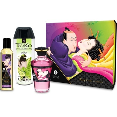 Conjunto de produtos Shunga com óleo corporal, lubrificante e óleo de massagem em embalagem decorada com arte japonesa