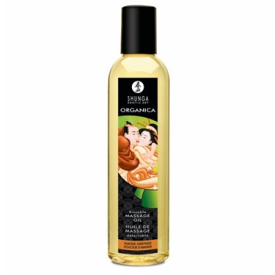 Garrafa de óleo de massagem Shunga Organica com tampa preta e ilustração de casal