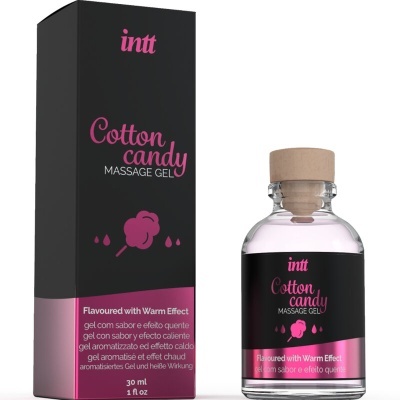 Gel de massagem intt Cotton candy com embalagem preta e rosa, frasco de vidro com tampa de madeira, 30ml