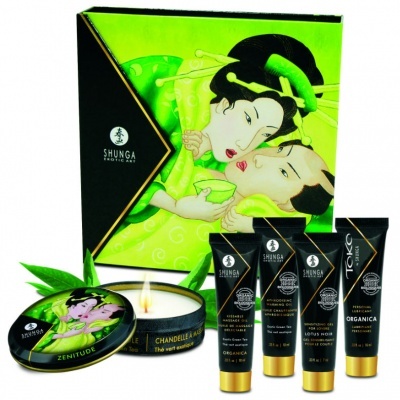 Conjunto de produtos Shunga com vela e quatro tubos em embalagem verde e preta