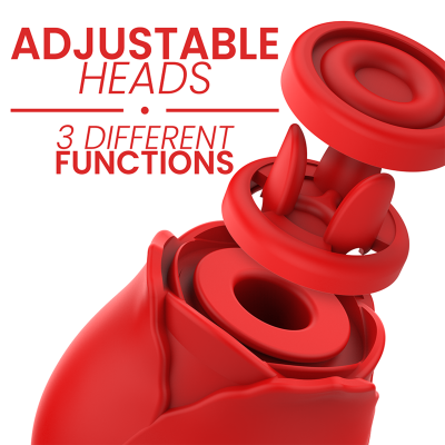 Cabeças ajustáveis vermelhas com três funções diferentes e texto indicativo.