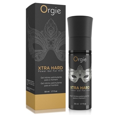 Frasco e embalagem de gel íntimo Orgie XTRA HARD preto e dourado com máscara prateada