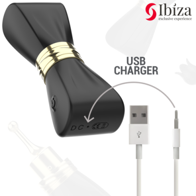 Carregador USB Ibiza preto com detalhes dourados em forma de laço
