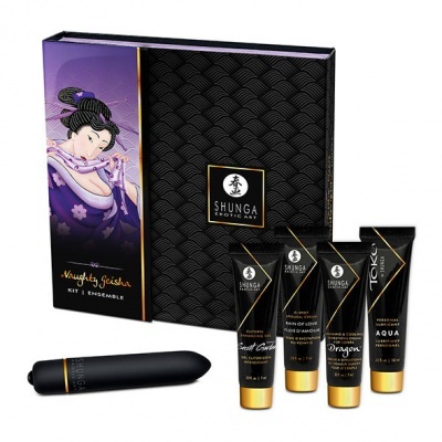 Kit SHUNGA EXOTIC ART com embalagem ilustrada e produtos em preto e dourado