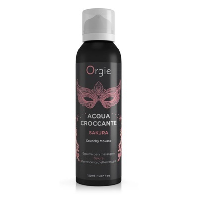 Frasco preto de mousse de massagem Orgie Acqua Croccante Sakura com máscara rosa na etiqueta