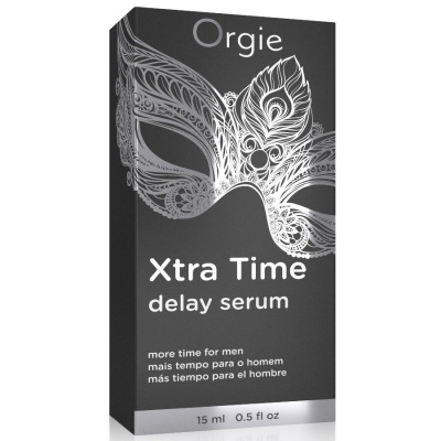 Embalagem preta e cinza do sérum Orgie Xtra Time com desenho de máscara branca