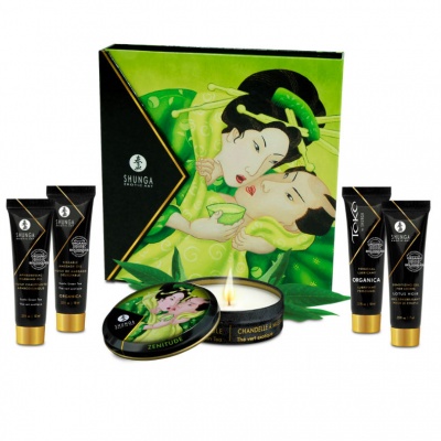 Conjunto de produtos cosméticos Shunga com embalagem ilustrada verde e preta e tubos de creme pretos com detalhes dourados.