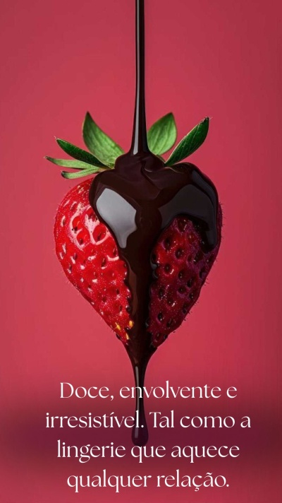 Morango coberto por chocolate com texto promocional em português