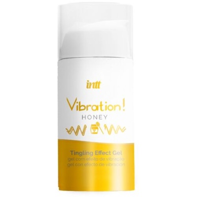 Frasco de gel branco e amarelo com texto Vibration! HONEY