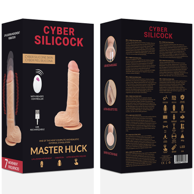 Embalagem preta contendo um dildo realista de silicone chamado CYBER SILICOCK Master Huck com controladora wireless USB.