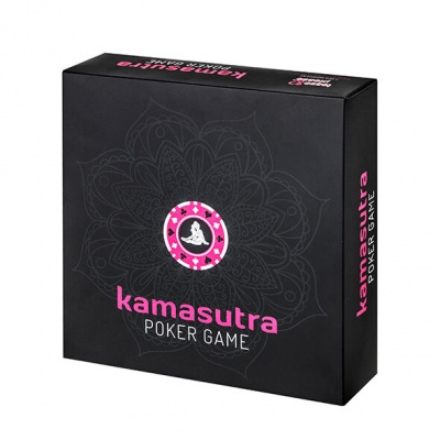 Embalagem preta do jogo Kamasutra Poker Game com texto rosa e branco e padrão floral