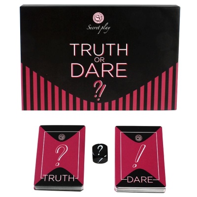 Jogo de cartas 'Truth or Dare ?!' com cartas e dado preto
