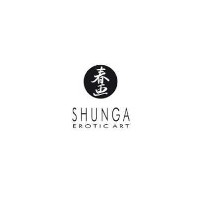 Logotipo preto e branco com caracteres japoneses e texto SHUNGA EROTIC ART