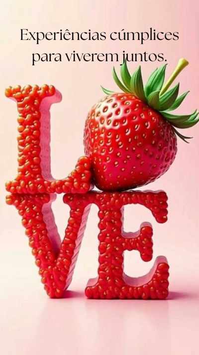 Palavra LOVE com a letra O representada por um morango, texto promocional em português ao fundo.