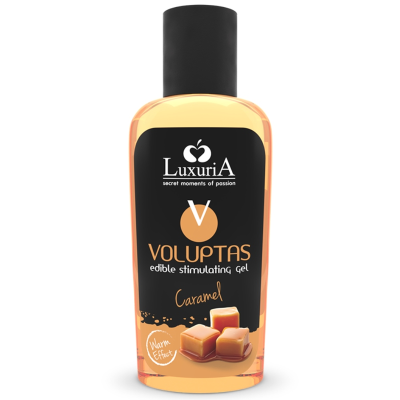 Frasco de gel estimulante comestível sabor caramelo da marca Luxuria.