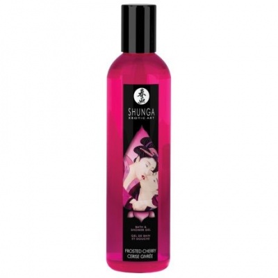 Frasco rosa de gel de banho Shunga Frosted Cherry com etiqueta preta e ilustração de casal
