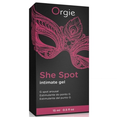 Caixa preta de gel íntimo Orgie She Spot com máscara rosa e texto multilíngue