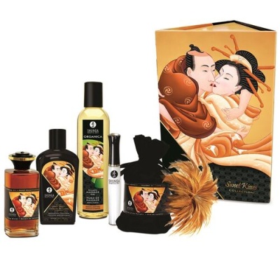 Conjunto de produtos de beleza Shekina com embalagem laranja e preta e ilustração artística oriental