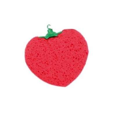 Esponja de banho em forma de coração vermelha com suporte verde