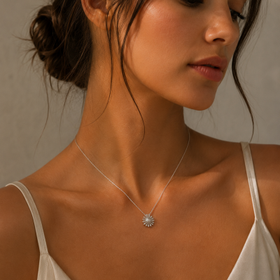 Colar prateado em forma de flor usado por mulher com top bege.