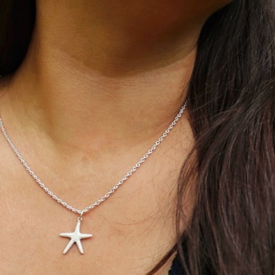 Colar prateado com pendente estrela do mar ao pescoço