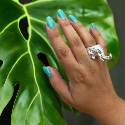 Mão com anel de elefante prateado e unhas azuis sobre folha verde