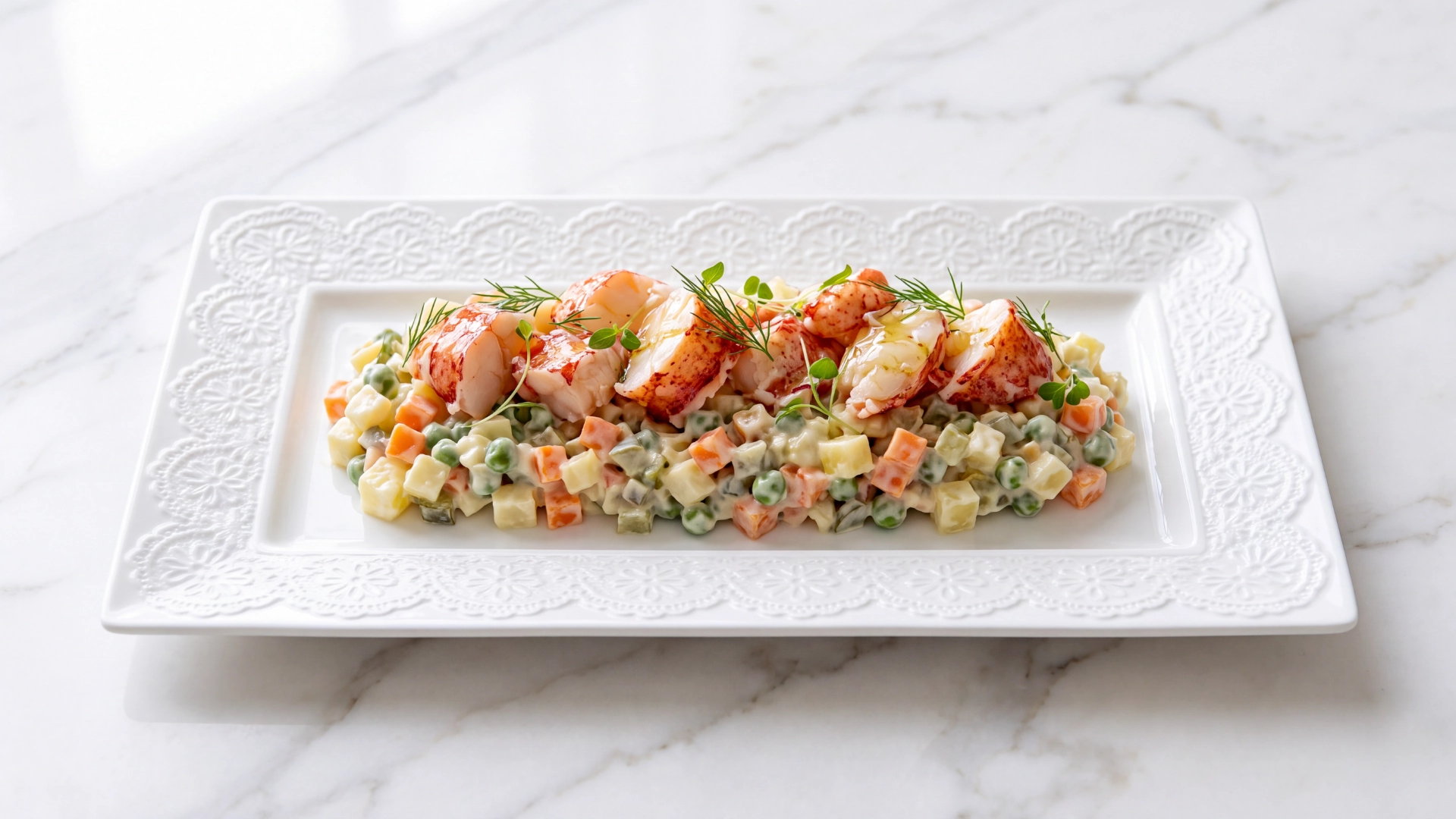 SALADA RUSSA DE LAVAGANTE Salada de legumes com lagosta em prato branco rendilhado