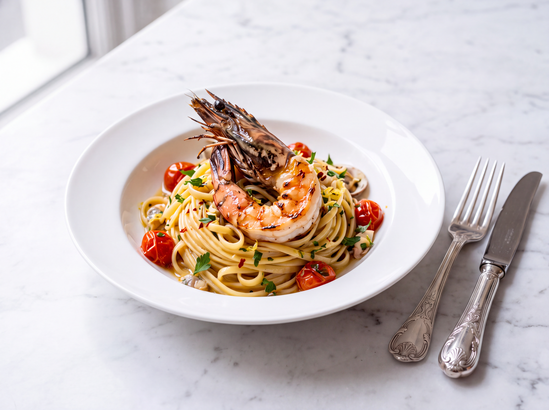 Camarão Tigre Prato de massa linguine com camarão grelhado e tomatinhos cereja num prato branco