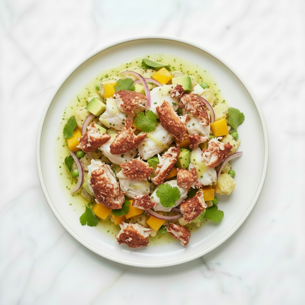 Carne Branca de Sapateira Prato de salada colorida com peixe grelhado em fundo branco de mármore