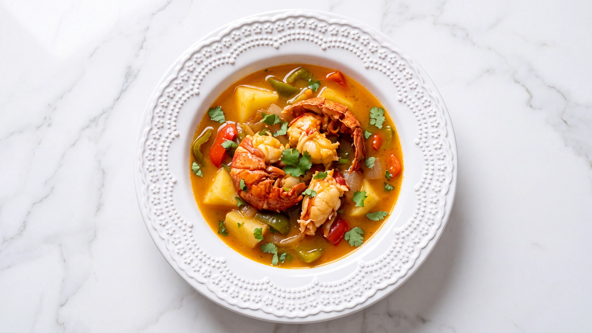 CALDEIRADA DE LAGOSTA Sopa de lagosta com batatas e legumes num prato branco sobre bancada de mármore