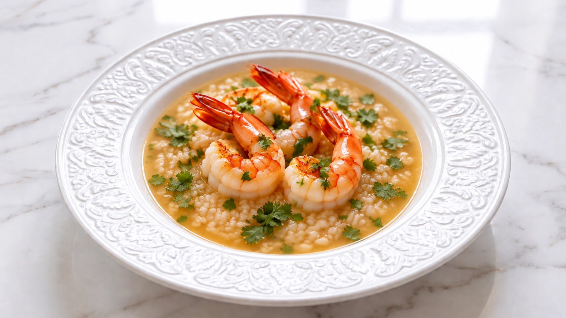 ARROZ CALDOSO DE CAMARÃO SELVAGEM Prato de risoto com camarões e folhas verdes sobre superfície branca