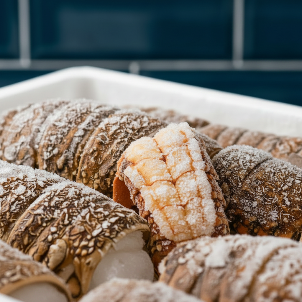 Cauda de Lagosta Cannoli recheados com creme branco, açúcar em pó e lascas de amêndoa numa bandeja branca.
