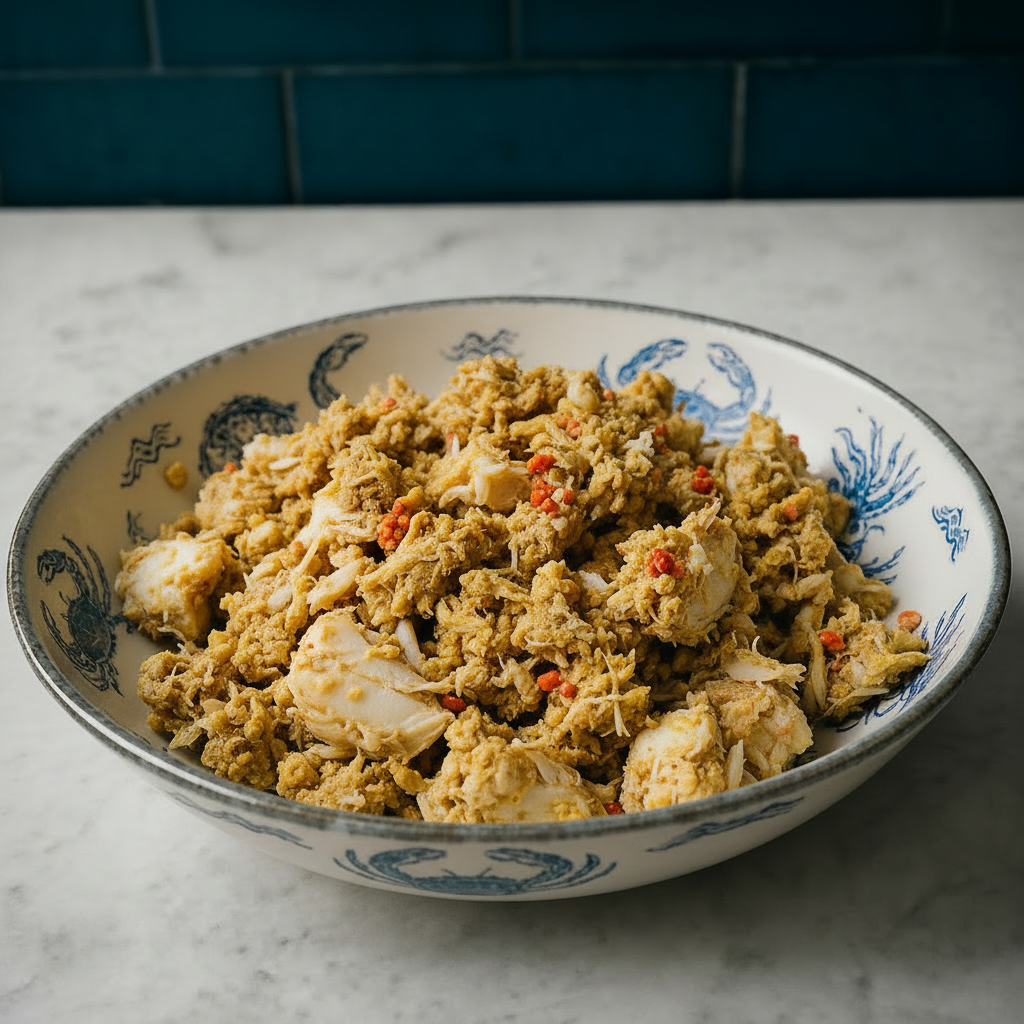 Carne Carapaça de Sapateira Tigela com mistura alimentar e desenhos azuis de caranguejos.