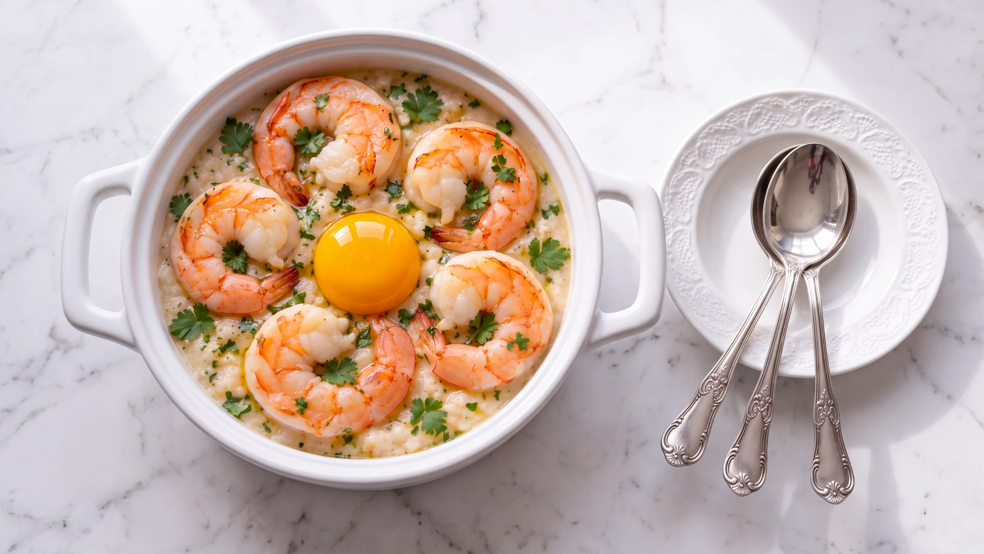 AÇORDA DE CAMARÃO SELVAGEM Prato branco com risoto de camarão e gema, ao lado prato branco com colheres