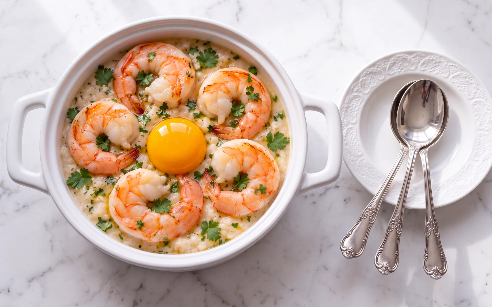 Camarão Selvagem de Moçambique Prato com camarões, arroz cremoso, gema de ovo e salsa com colheres ao lado.