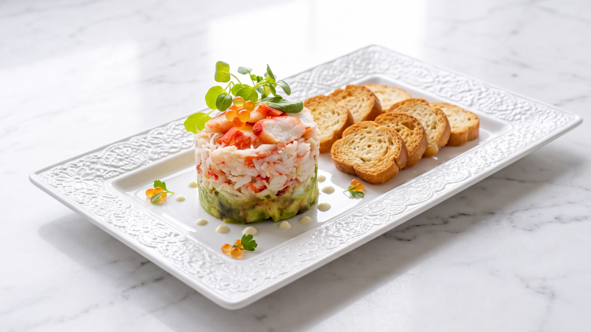 TORRE DE CARANGUEJO DO ANTÁRTICO Prato com tártaro de peixe branco e abacate, camarão, decorado com folhas verdes e ovas, acompanhado por fatias de pão torrado